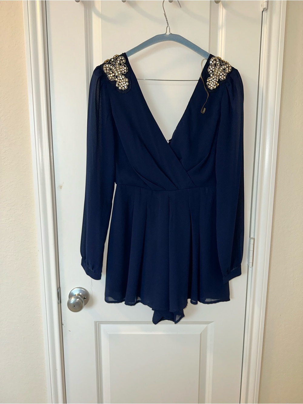 Navy Embellished Shoulder Long-Sleeve Romper